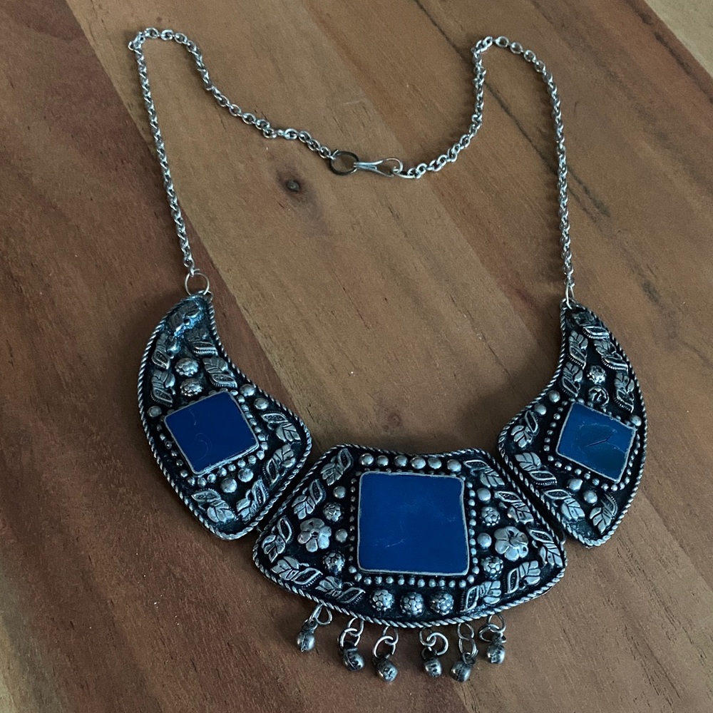 Artisan Silver and Blue Floral Necklace